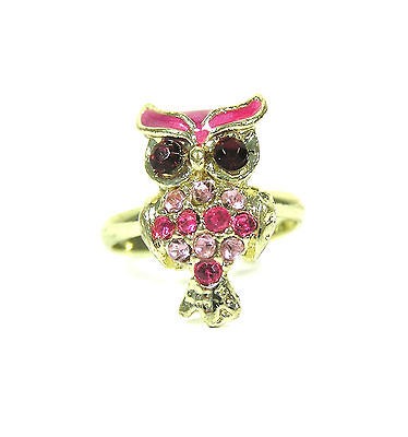 Crystal Owl Ring Adjustable Dainty Sparkle Pink Fashion Vintage Retro 