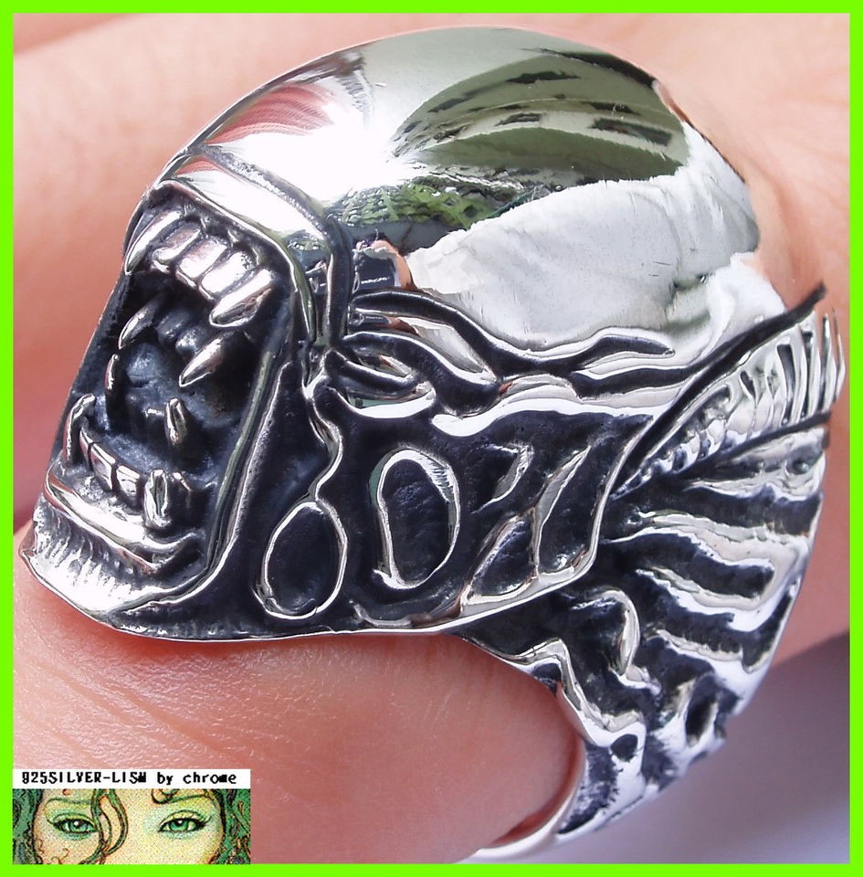 3D ALIEN HEAD .925 STERLING SILVER RING vs PREDATOR 2 AVP MASK FIGURE 