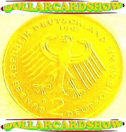 24K GOLD PLATED   GERMANY 1991 RARE DEUTSCHE EAGLE 2 MARK COIN UNC