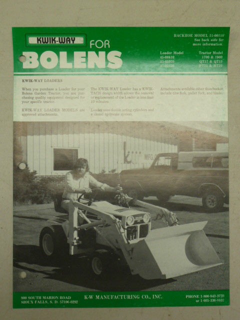 VINTAGE Kwik Way LOADER SPEC SHEET SALES BROCHURE for BOLENS TRACTORS