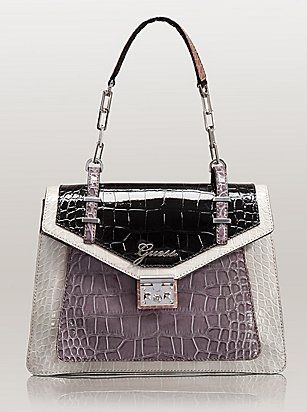 NWT GUESS $118 Kora Handbag Flap Satchel Purse Croco Taupe Stone Multi 