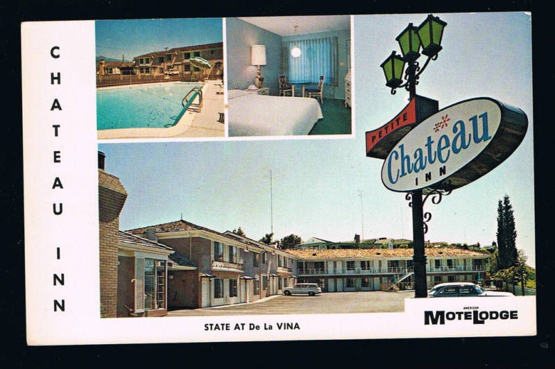 circa 1963 Zumdahl view of the Googie Sign & Petite Chateau Inn Santa 