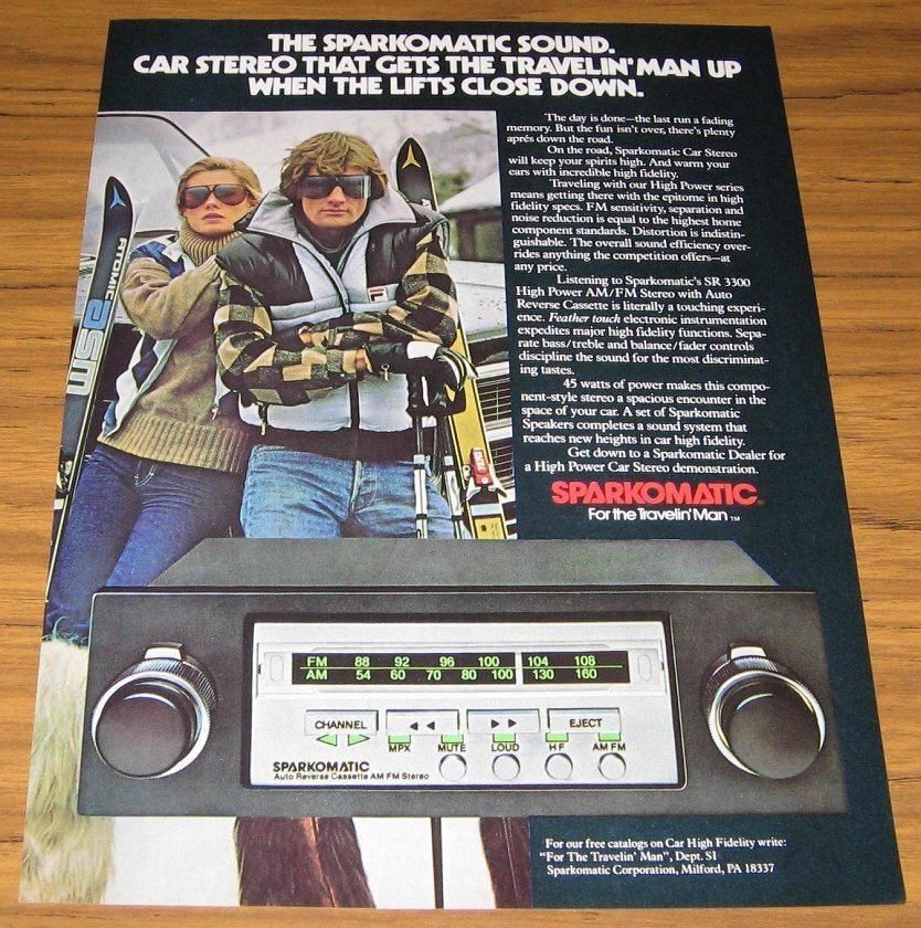 1980 VINTAGE AD~SPARKOMATIC STEREO CAR RADIOS~SKIERS