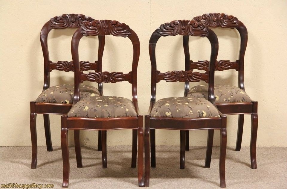 Set of 4 Carved Mahogany 1840 Dining or Game Chairs