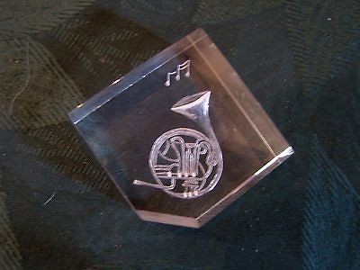   Lucite Acrylic Etched Desk Decoration Paperweight French Horn Music