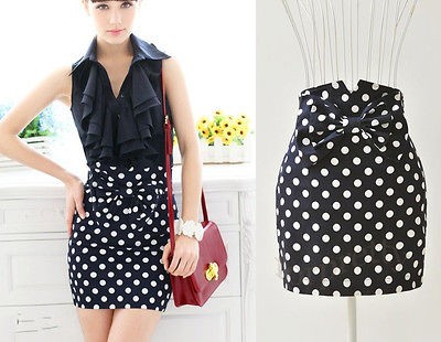 Women Polka Dots Bowknot Pencil A line SKirt Empired Waisted OL Skirt 