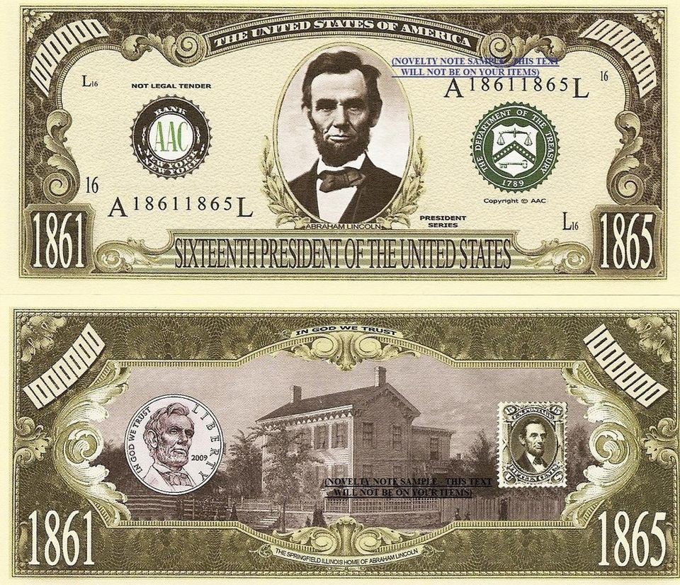   Abraham Lincoln Million Dollar Bills x 4 United States 1861  1865