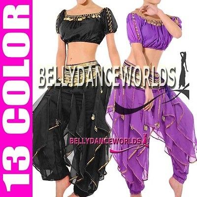 BELLY DANCE COSTUME SET BRA TOP HAREM GENIE PANTS BOLLYWOOD DANCING 