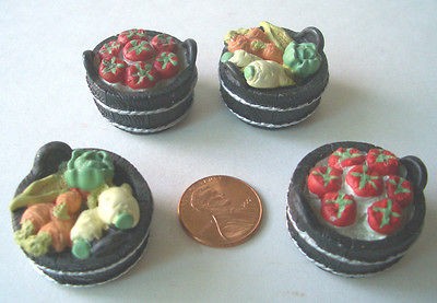 MINIATURE DOLLHOUSE 4 BINS, BARRELS, BASKETS OF MIXED VEGETABLES 