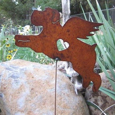 Rusty Finish Metal Schnauzer Dog Angel Memorial Garden Art Yard Stake