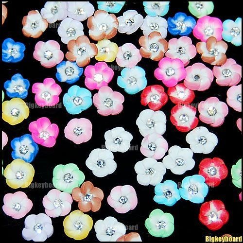 20pcs 3D Ceramic Flower with Clear Rhinestones For Nail Art Tips 