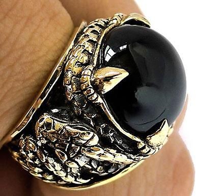 BIG BLACK ONYX PYTHON SNAKE GOLD BRASS MENS RING Sz 15