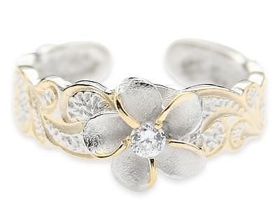   Silver 2 Tone Rhodium & 14k Gold Plumeria CZ Flower Hawaiian Toe Ring