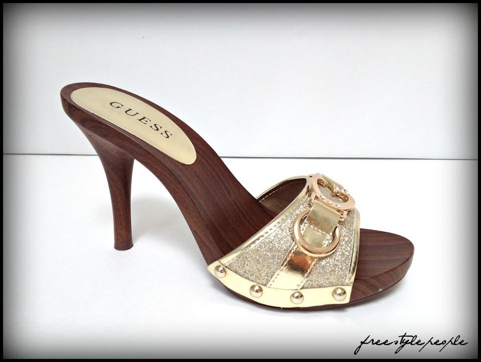 NIB New GUESS Gold LIEN w/Crystals Slip On Sandals Shoes