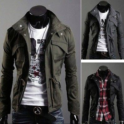   Military Slim Line Jacket Coat Rider Zip Button Hoody Black Grey Green