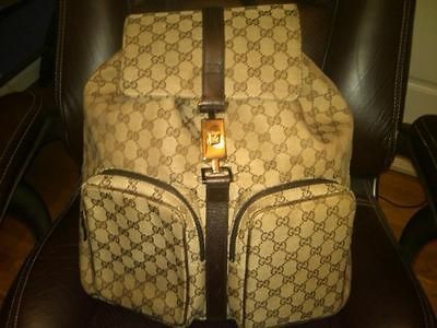   LARGE BEIGE MONOGRAM BROWN LEATHER GUCCI BACK PACK MADE IN ITALY