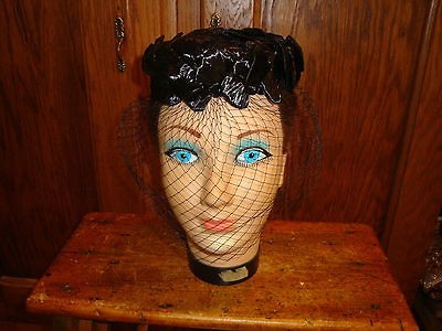 Vintage Black Silk Raffia Pillbox Hat Veil 50s Mid Century Modern 