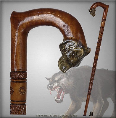   ART NATURAL HANDLE CARVED CRAFTED WOODEN WALKING STICK CANE STAFF DOG