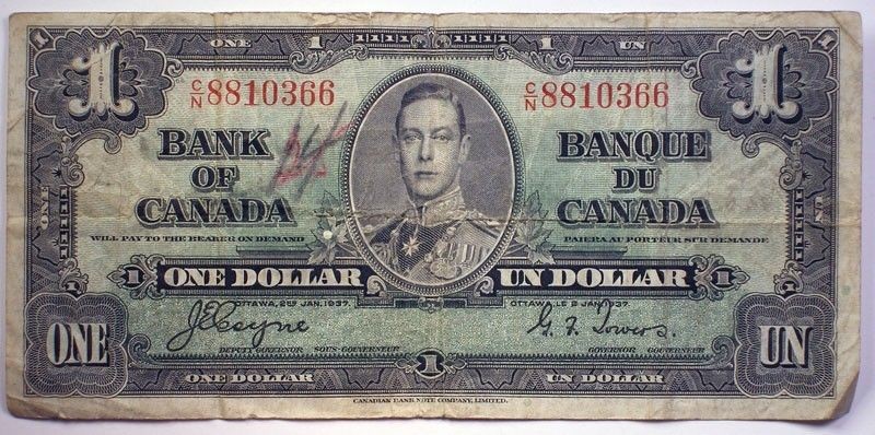 1937 Canada One Dollar Bill Paper Money Osborne Towers Signature