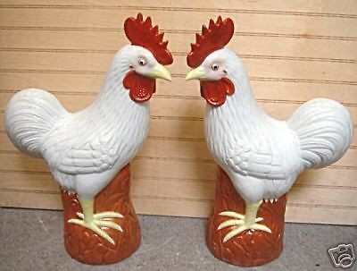 Large Pair White Rooster Chinese Porcelain Statue Figures 16H