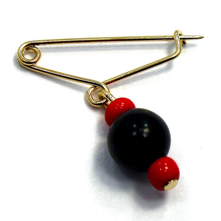 Gold GF Jet Black AZABACHE Coral AMULET EVIL EYE Bib Pin Brooch Baby 