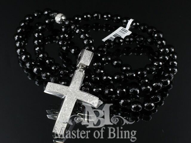 MENS REAL DIAMOND CROSS 2 CARAT ROSARY BLACK ONYX BEAD BALL NECKLACE 