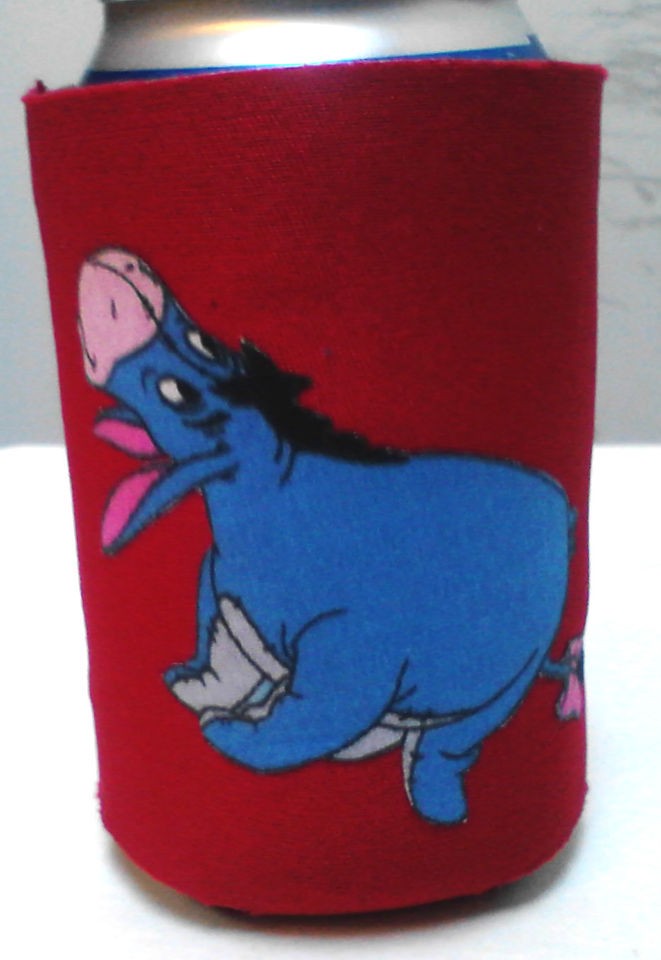   CHARACTER EEYORE LOOKING UP FABRIC APPLIQUE SODA/BEER RED KOOZIE