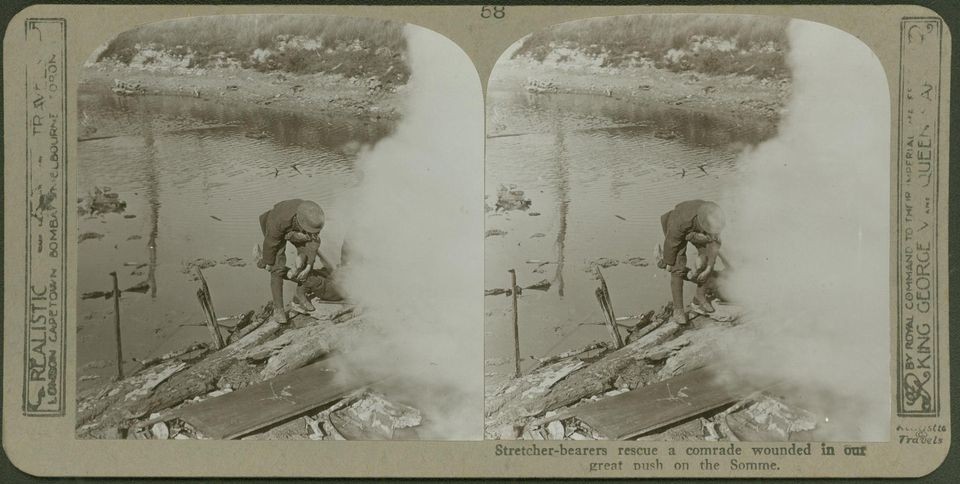 Stretcher bearers rescue a comrade wounded in our push   Somme   WW1 