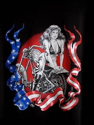 BIKER GIRL w/AMERICAN FLAG BANNER   BLACK TEE Pick SIZE