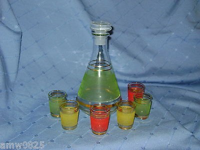   GLASS LIQUOR DECANTER SCHNAPPS SET SHOT GLASSES BARWARE FRANCE RETRO