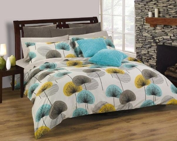 3pc Turquoise/Must​ard Modern Floral Design 300TC Cotton Duvet Set 