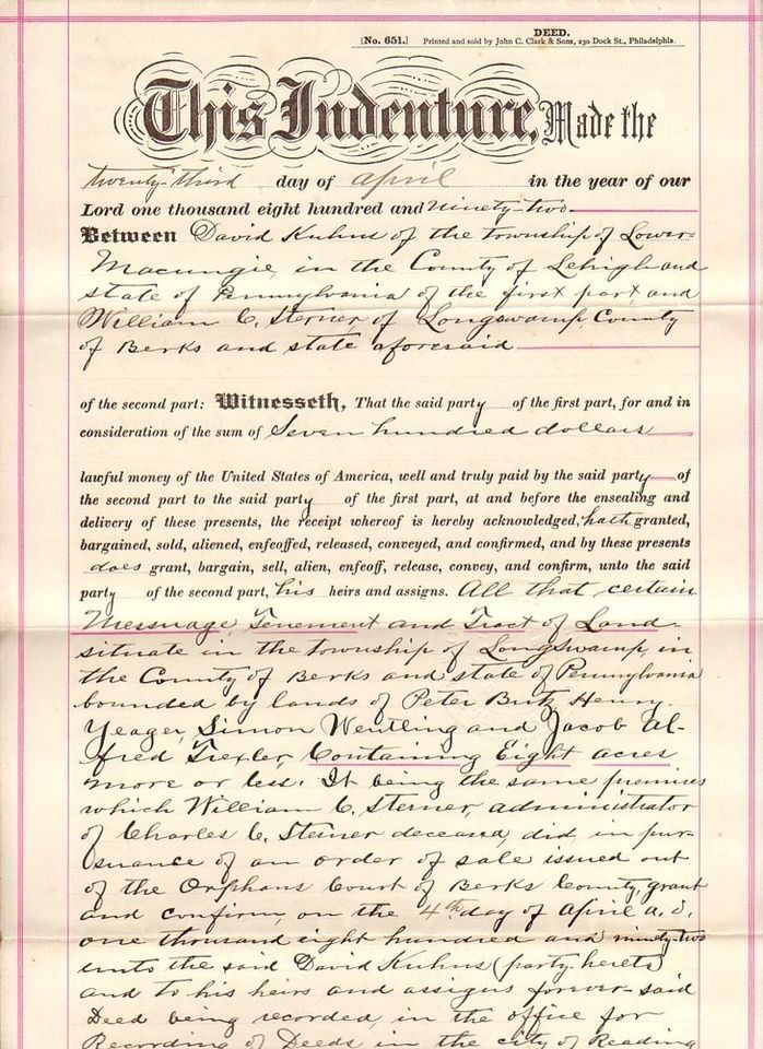 1892 Berks Co Pennsylvania Indenture   Kuhns, Sterner