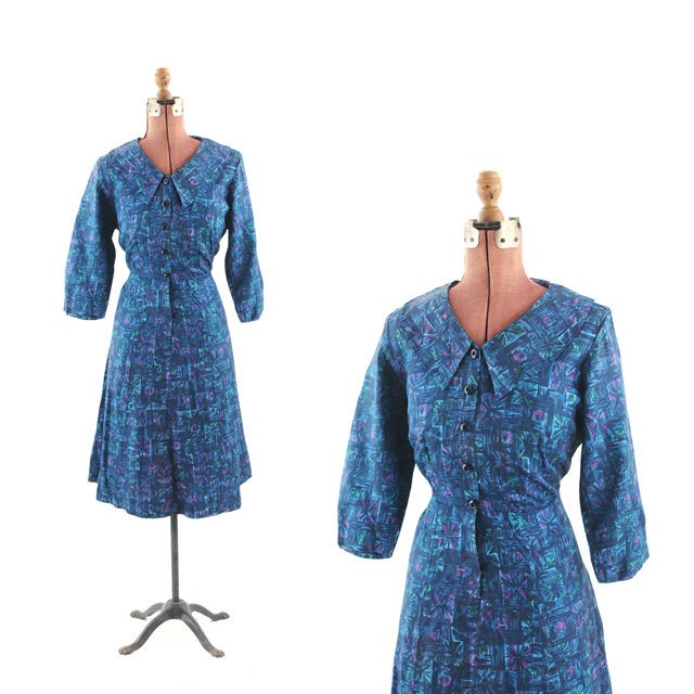   50s Blue ROCKABILLY Atomic Star Novelty Print Party Deco DRESS L