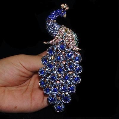 Bird Peacock Brooch Pin Blue Swarovski Crystal Peafowl