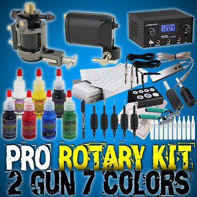 NEW Pro Tattoo Kit Rotary Machine Gun Power Supply 7 Radiant Color USA 