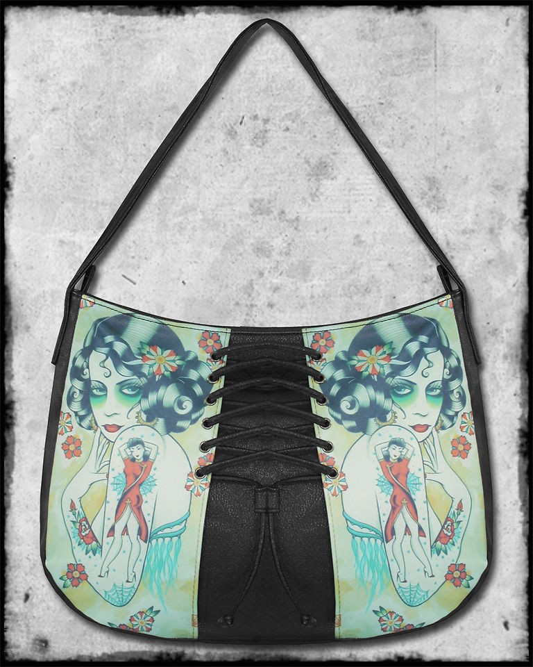 SULLEN ANGELS BLACK FAUX LEATHER TATTOO LACED UP CORSET SHOULDER BAG 