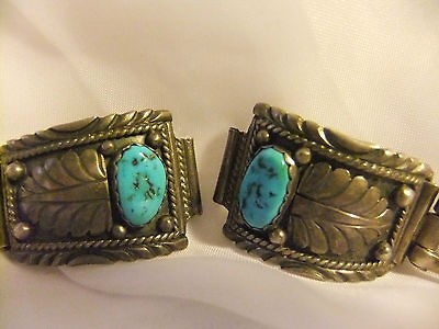 VINTAGE SIGNED STERLING TURQUOISE SOUTH WESTERN NATIVE WATCH STRAP 