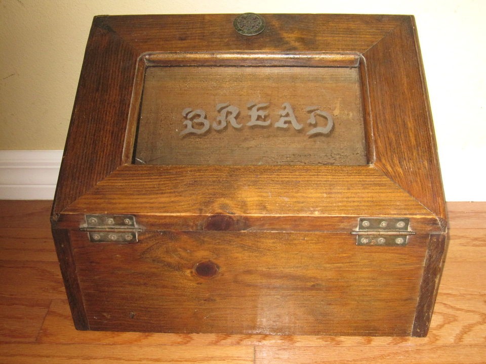 Vintage Large 17” wide Solid Wood BREADBOX w Glass front VTG Wooden