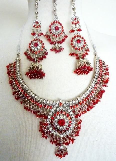   Crystal Jhumki Earrings Tikka Necklace Set Wedding Bollywood Indian