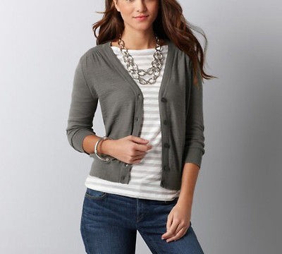 NWT ANN TAYLOR LOFT Anchor Grey Shirred V Neck 3/4 Sleeve Cardigan 