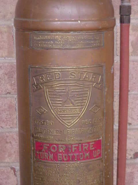   BRASS FIRE EXTINGUISHER VINTAGE 23.75 TALL EXCELLENT HOSE NO303