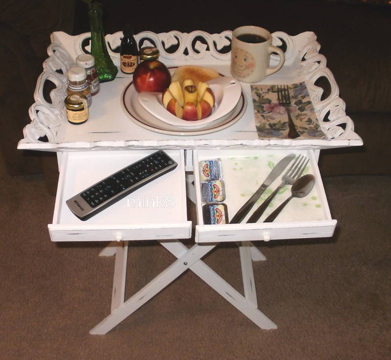 Serving Breakfast TV Tray with Drawers on Folding Stand