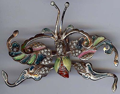   VINTAGE STERLING SILVER ENAMEL RHINESTONE BUTTERFLY FUR CLIP