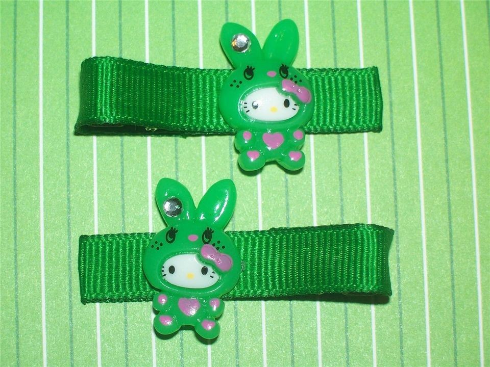 Green Hello Kitty in Easter Bunny Costume on Kelly Green Grosgrain 