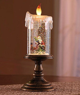 LIGHTED SANTA HOLIDAY CANDLE SNOW GLOBE ON ELEGANT PEDESTAL LED FLAME 