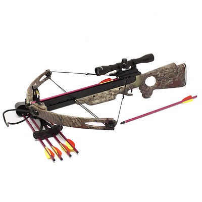 150lb Camo Compound Crossbow 4x32 Scope + 8 x Arrows + 3 x Broadheads 