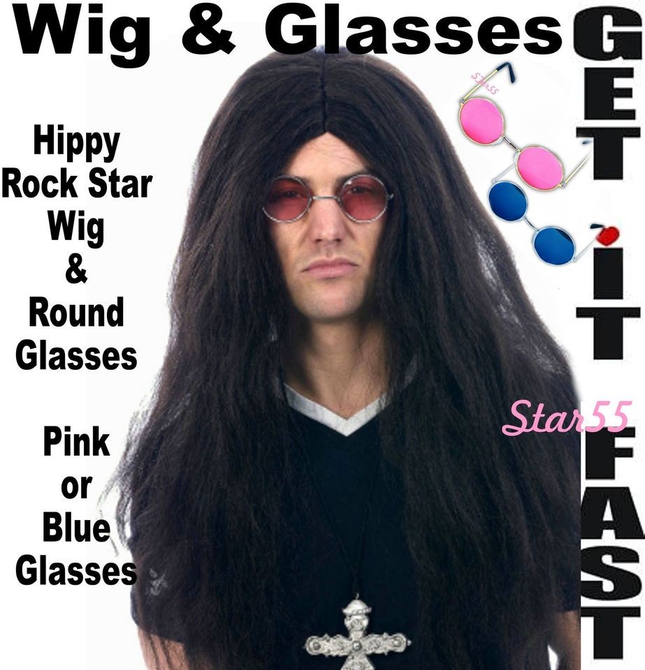   Long Brown Ozzy Hippie Hippy Rock Band Fancy Dress WIG & Round Glasses