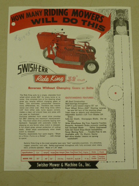 VINTAGE SWISH ERR RIDE KING RIDING MOWER SPEC SHEET