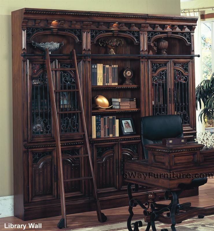   Bookcase Wall w/ Ladder Red Walnut Finish Home Office Furniture