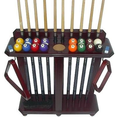 10 Pool Cue   Billiard Stick & Ball Set Floor Rack   Stand Mahogany 